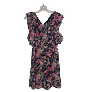 Event Black Pink Floral Elastic Cinched Waist Ruffle Sleeves M